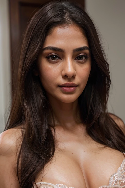 beautiful detailed eyes, beautiful detailed lips, extremely detailed eyes and face, longeyelashes, 2 Bollywood supermodel girl, beautiful woman, half-open strawberry lips, dimples, longing gaze, extra long wavy brown hair, detailed face, detailed facial features, finely detailed skin, pale skin, shape round breasts, nipple, wearing lingerie, detailed deep cleavage pink dress, cold colors, damp, moist, reflection, perfect proportion, realistic photo, best quality, detailed, photographed on a Canon EOS R5, 50mm lens, F/2.8, HDR, 8k, wallpaper, cinematic lighting, dramatic lighting, sharp focus, intricate, dynamic pose, super sexy 8K uhd