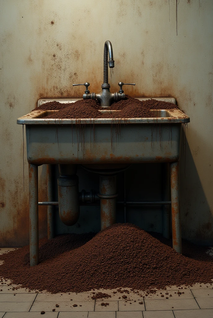 Create an image of a dirty sink with coffee grounds