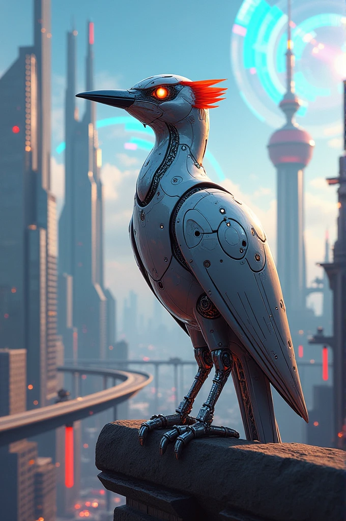 Create a woodpecker art in a future city
