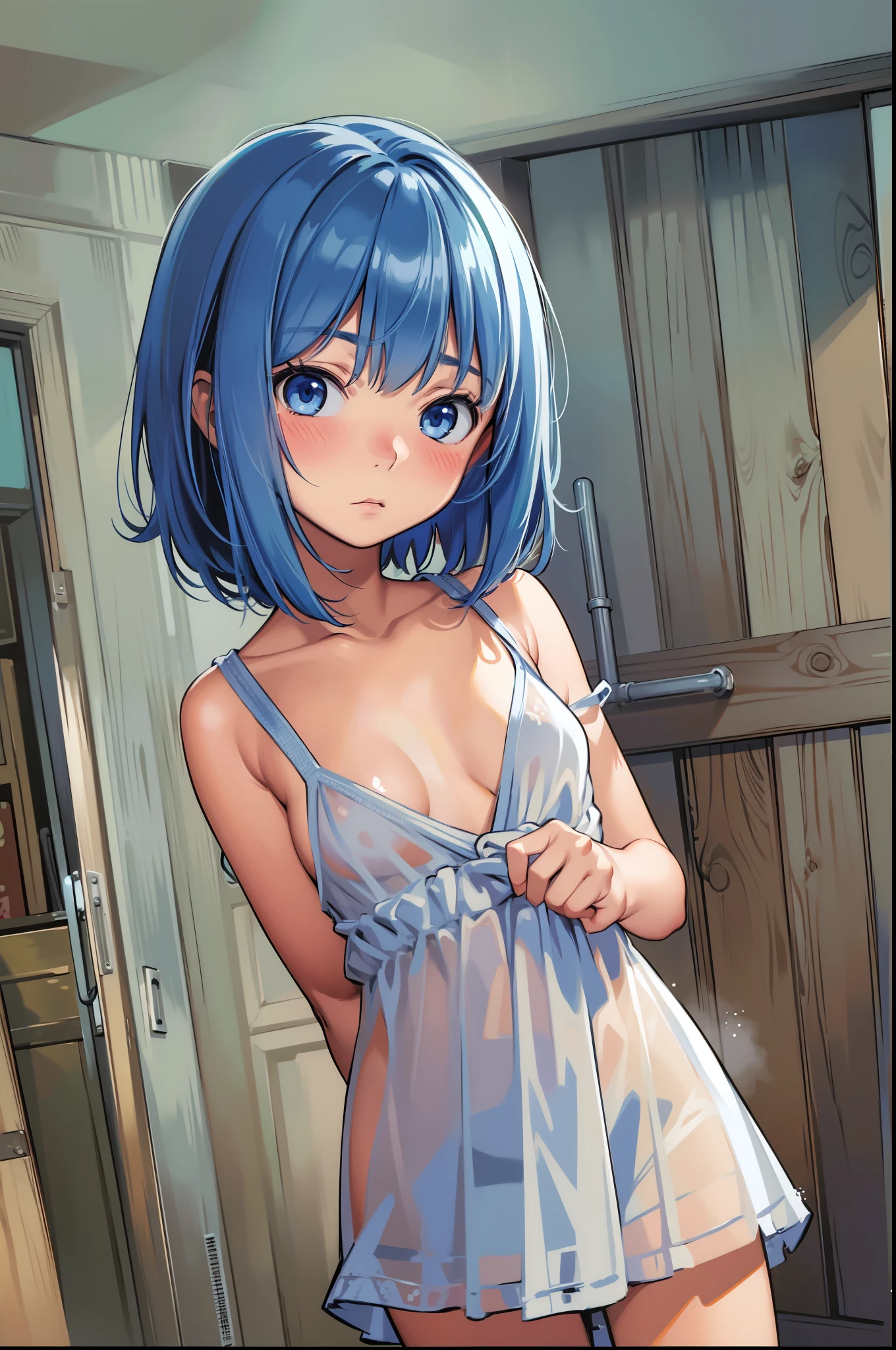 (masterpiece, best quality:1.2), nsfw, (comic lo, takamichi style), (1girl, solo),  old, (blue hair, blue eyes), see-through camisole, (troubled expression, blush), indoors