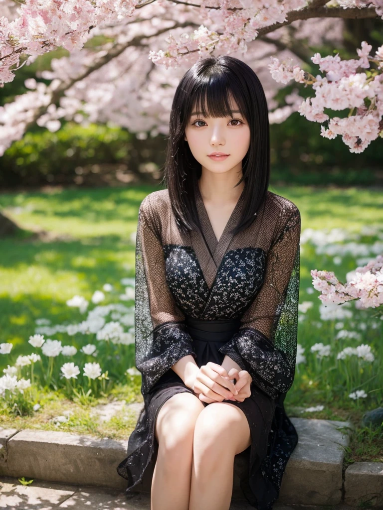 A black-haired Japanese woman sitting under the sunlight in spring