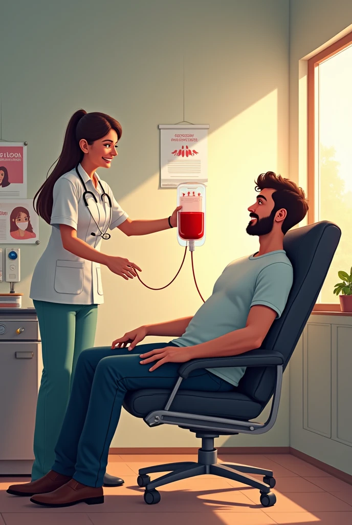 A well-lit, clean clinic where a man is seated comfortably in a reclining chair, donating blood. He appears calm and relaxed, with a smile on his face, as a nurse in uniform carefully monitors the process. The man’s arm is outstretched, with a tube connected to a blood donation bag that is gradually filling up. In the background, posters encouraging blood donation and other medical equipment are visible, creating an atmosphere of care and community service. The scene is warm and encouraging, highlighting the importance of giving blood