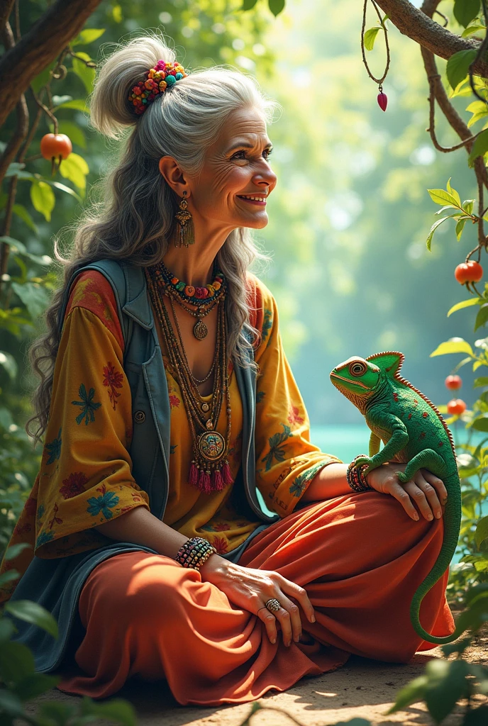 67 year old senior woman hippy bohemian spending time with her chameleon
