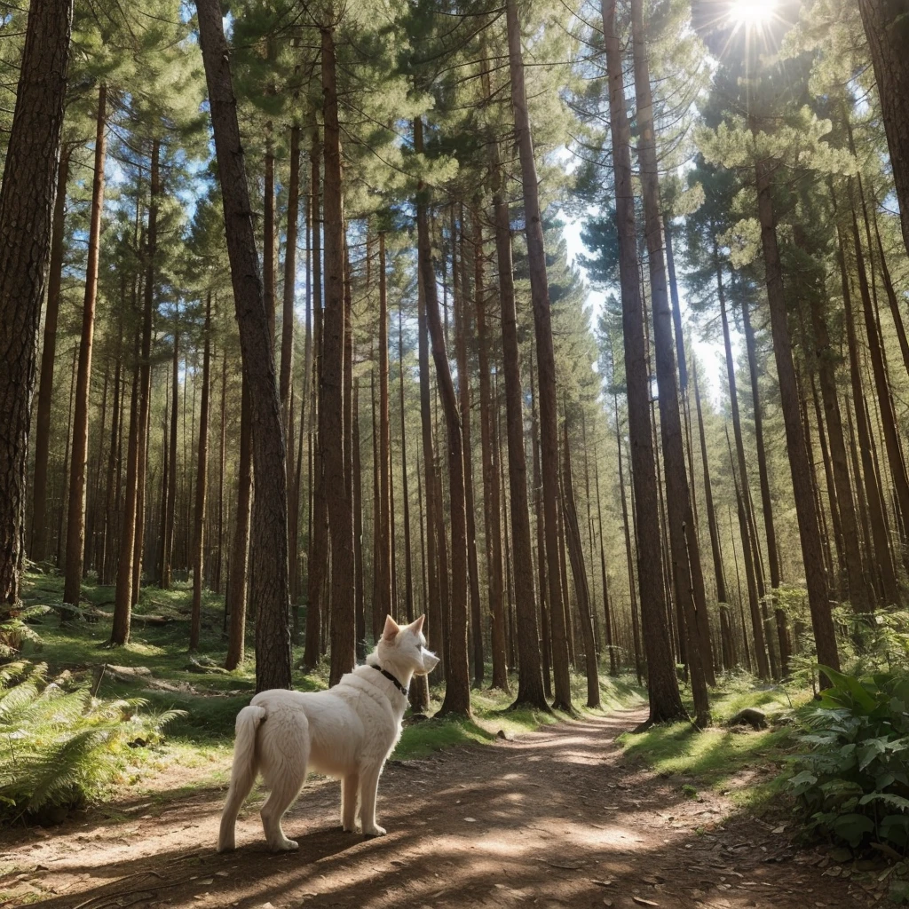 Un nommé Lucas se tient dans une forêt dense, les yeux grands ouverts de curiosité alors qu'il aperçoit un magnifique chien blanc. Le chien a un pelage blanc pur qui brille sous la lumière tachetée du soleil et des yeux bleu profond qui semblent tout comprendre. De grands arbres les entourent, avec un aperçu de montagnes en arrière-plan."