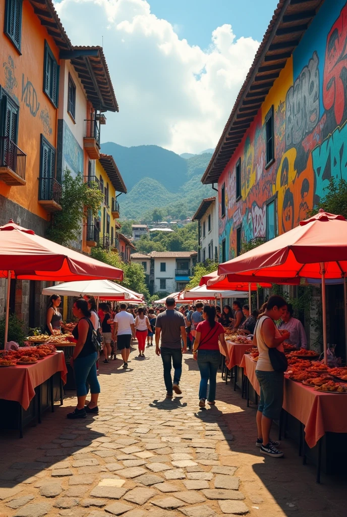 Cultural community projects at a public university in Colombia where they are sharing typical Colombian food and the university looks revolutionary and full of graffiti