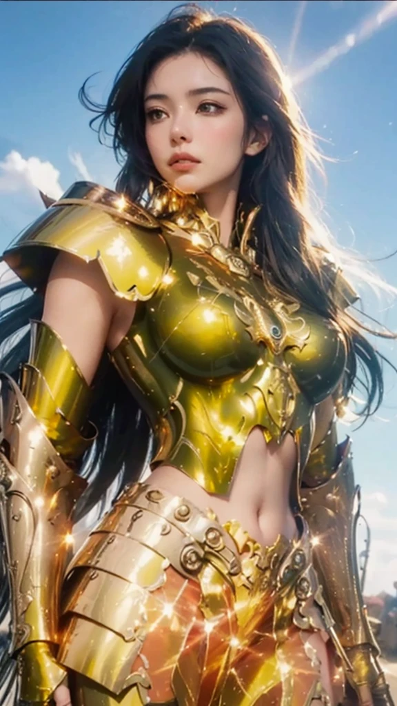 long distance view of a woman in gold costume standing on the battlefield, angel gold armor, gold armor, wearing gold armor, gold armor, slim gold armor, armor knight, anime goddess, gold armor, heavy armor gold. dramatic and beautiful armor, light gold armor, breasts, stomach