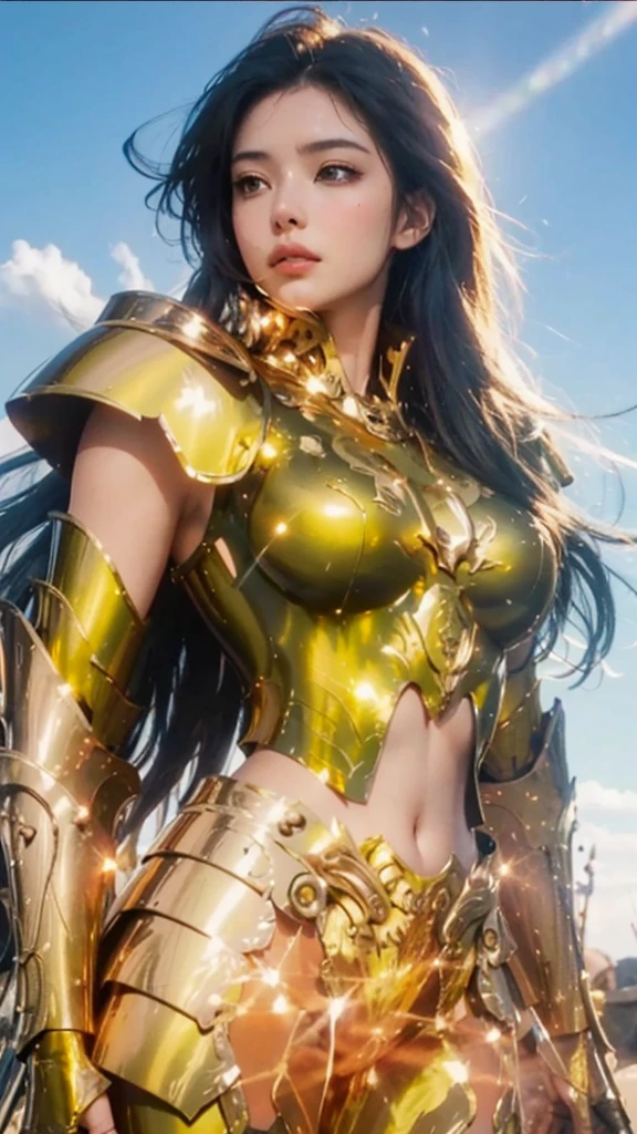 long distance view of a woman in gold costume standing on the battlefield, angel gold armor, gold armor, wearing gold armor, gold armor, slim gold armor, armor knight, anime goddess, gold armor, heavy armor gold. dramatic and beautiful armor, light gold armor, breasts, stomach