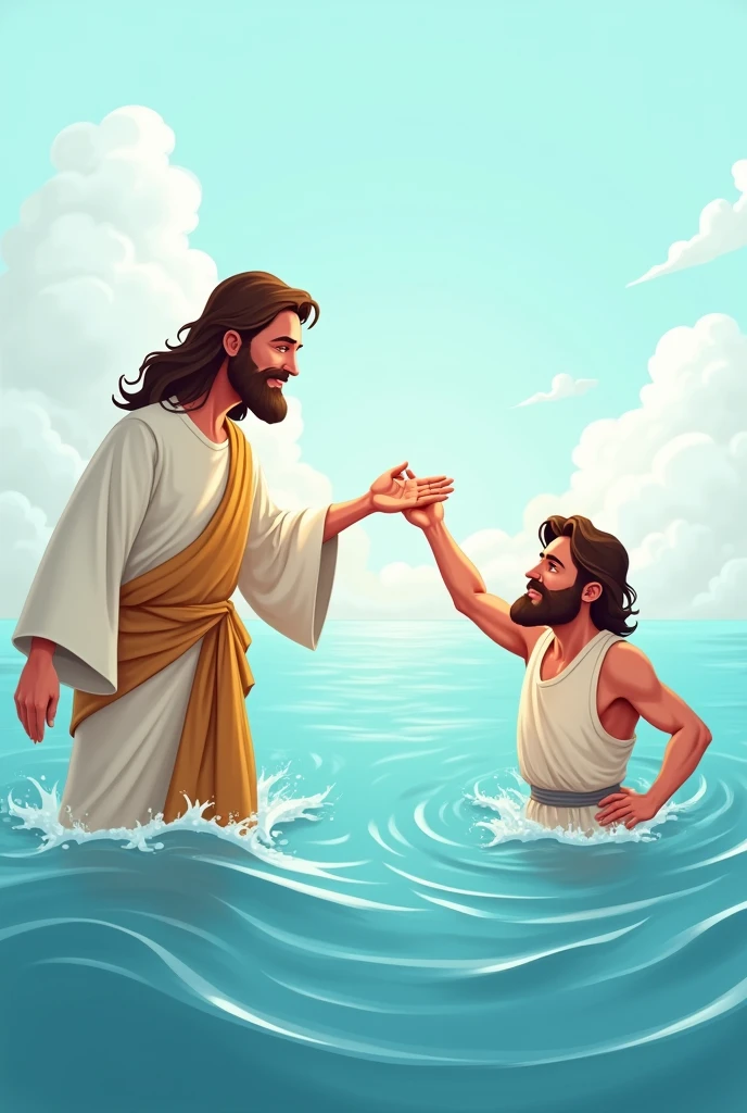 Create a cartoon illustration of an adult Jesus holding his hand to an adult Peter dressed in a, bringing it to the surface of the sea
