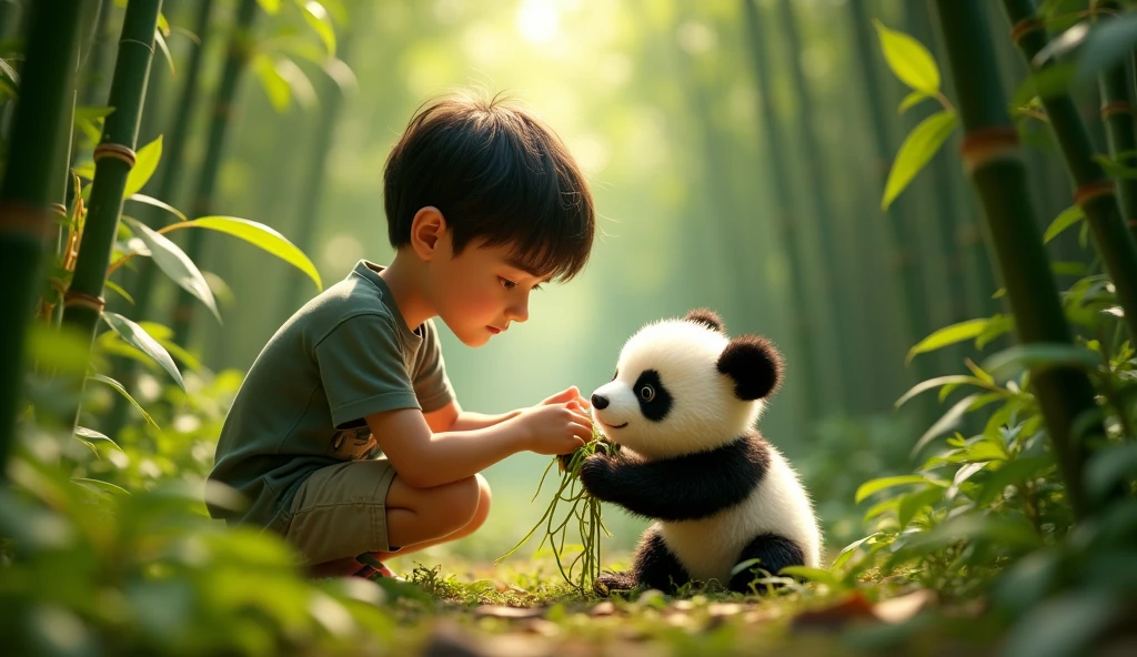 Discovering the Baby PandaA close-up of the young boy discovering a baby panda caught in vines. The panda is small, fluffy, and looking frightened, with large, innocent eyes. The boy is kneeling down, gently untangling the vines with care. The setting is deep within the bamboo forest, with greenery all around them.