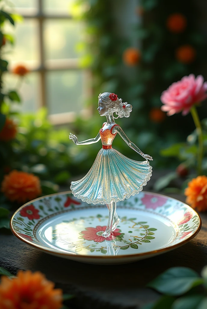 A delicate miniature girl-like figure, fashioned from colorful glass, twirling on an intricately painted porcelain plate, set in a quaint, fairy-tale garden with vibrant flowers and ivy- covered walls. The plate's ornate designs add a touch of elegance, while the garden blooms in a riot of colors, illuminated by soft, dappled sunlight. The figure's pose exudes grace and enchantment, with reflections of light playing off the glass to create a mesmerizing effect. Created Using: fairy-tale aesthetics, close-up photography, vibrant color palette, soft focus, detailed craftsmanship, hd quality, natural look -ar 16:9 –