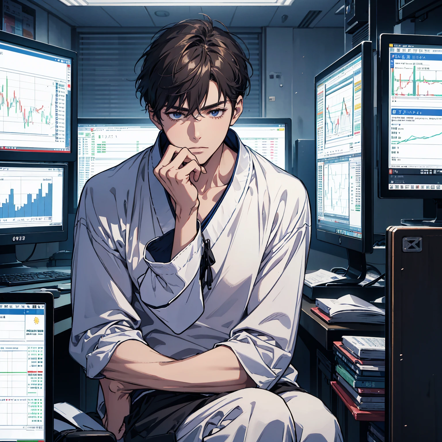 A young man sitting in American casual wear.
looking at a chart screen in a forex trading room.
Make an illustration in Japanese anime style