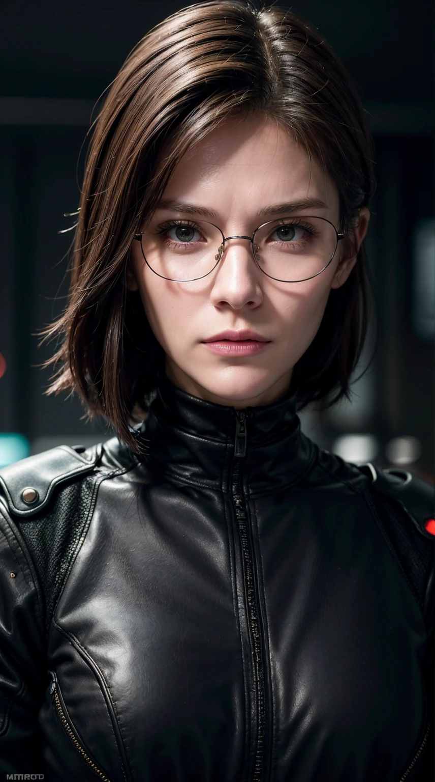 (Cyberpunk Military Strategist:1) (1 female) Dark theme :: Focus on facial close-ups, Curious face, Katee Sackhoff face, Surreal future cyberpunk tall athletic woman, :: Medium brown hair, Futuristic glasses nerd :: Inside the cyberpunk office :: Brown eyes :: Natural Lighting :: Bokeh :: 8K :: best quality :: masterpiece :: Extremely detailed:1.5