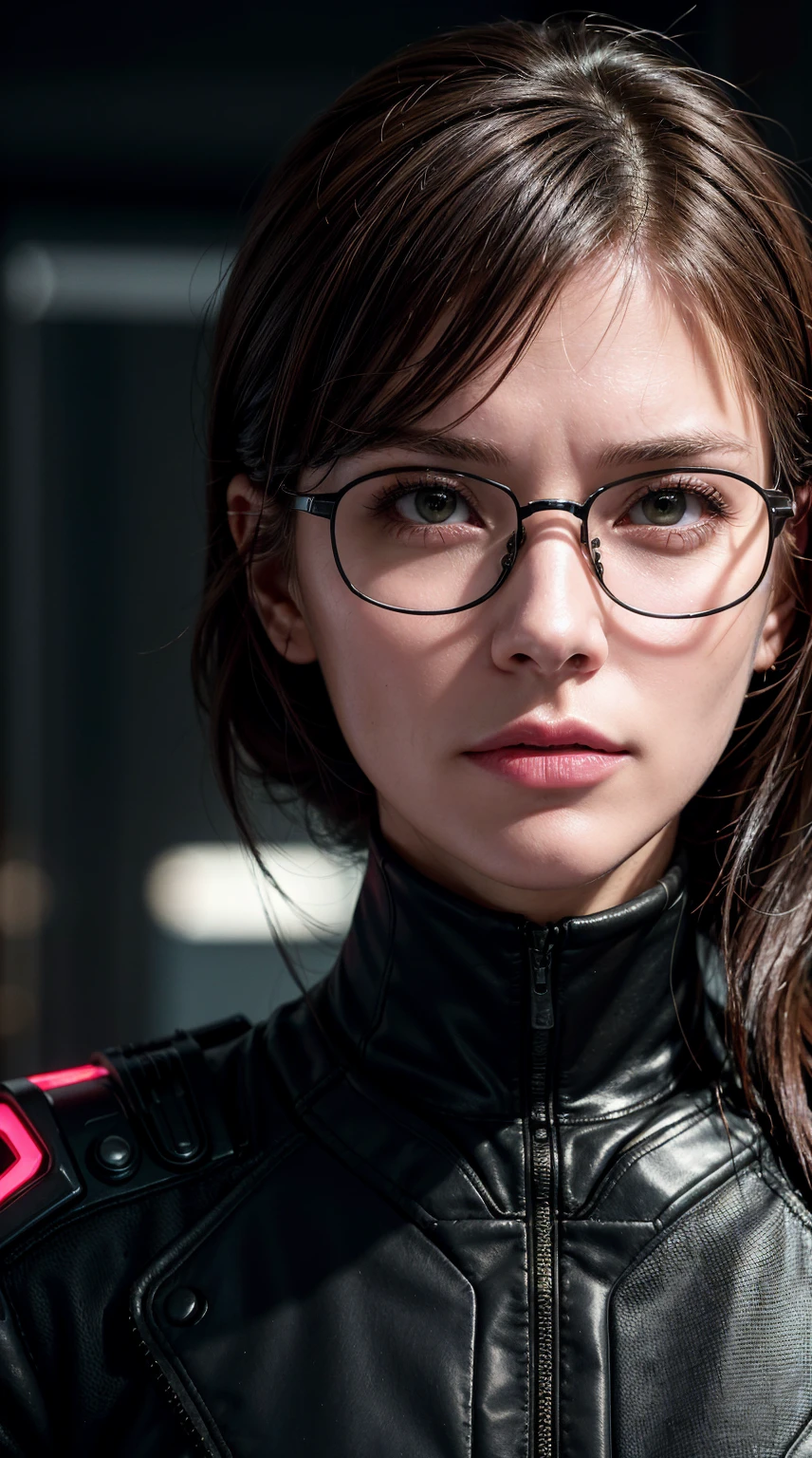 (Cyberpunk Military Strategist:1) (1 female) Dark theme :: Focus on facial close-ups, Curious face, Katee Sackhoff face, Surreal future cyberpunk tall athletic woman, :: Medium brown hair, Futuristic glasses nerd :: Inside the cyberpunk office :: Brown eyes :: Natural Lighting :: Bokeh :: 8K :: best quality :: masterpiece :: Extremely detailed:1.5