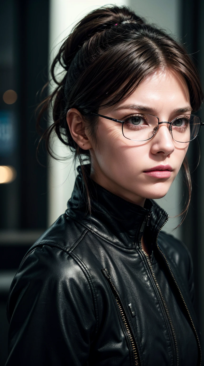 (Cyberpunk Military Strategist:1) (1 female) Dark theme :: Focus on facial close-ups, Curious face, Katee Sackhoff face, Surreal future cyberpunk tall athletic woman, :: Medium brown hair, Futuristic glasses nerd :: Inside the cyberpunk office :: Brown eyes :: Natural Lighting :: Bokeh :: 8K :: best quality :: masterpiece :: Extremely detailed:1.5