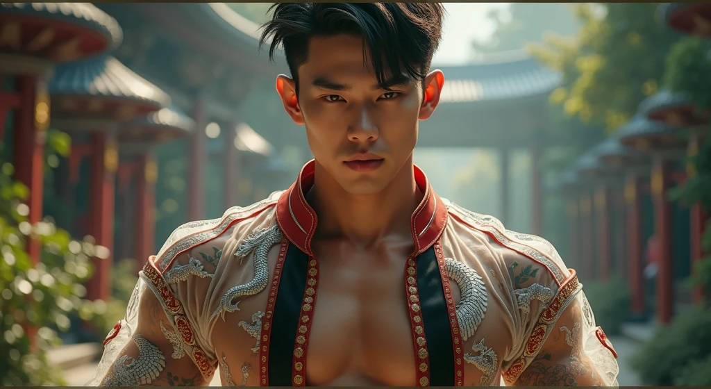 asian, hansome chinese actor, kpop idol, handsome male model, manly, masterwork, best picture quality, higher quality, high detail, super high resolution, 8k resolution, perfect eyes, perfect skin, male jaw, manly chin, perfect hands, big muscles, bare chest, chest tattoo, tattooed hands, tattooed arms, glowing eyes, short hair, hair detail, detailed background, transparent hanfu open jacket, (red and gold outfit with silver decoration)), Chinese garden background, Chinese kung fu, dragon themed costume, monk's robe, par 