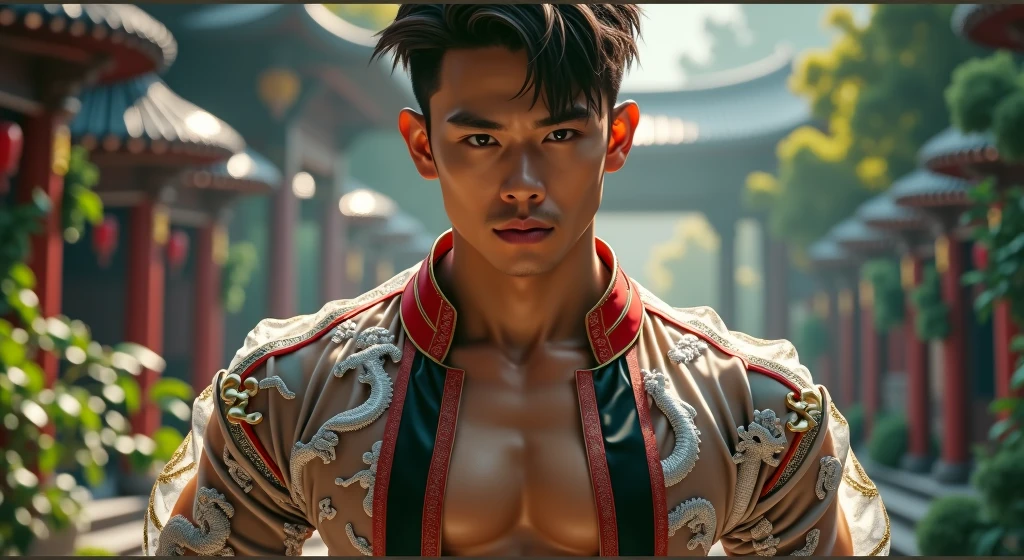 asian, hansome chinese actor, kpop idol, handsome male model, manly, masterwork, best picture quality, higher quality, high detail, super high resolution, 8k resolution, perfect eyes, perfect skin, male jaw, manly chin, perfect hands, big muscles, bare chest, chest tattoo, tattooed hands, tattooed arms, glowing eyes, short hair, hair detail, detailed background, transparent hanfu open jacket, (red and gold outfit with silver decoration)), Chinese garden background, Chinese kung fu, dragon themed costume, monk's robe, par