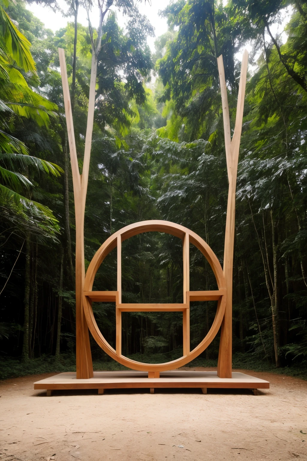 ((best qualityer)), ((work of art)), (detailded), sculpture in the middle of the forest, large sculpture with geometric shapes made of wood and recycled material, sculptural, the forest is tropical brazilian dense forest and adam's ribs