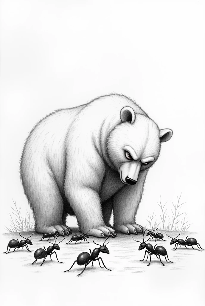 pencil sketch of a bear talking to ants disappointed