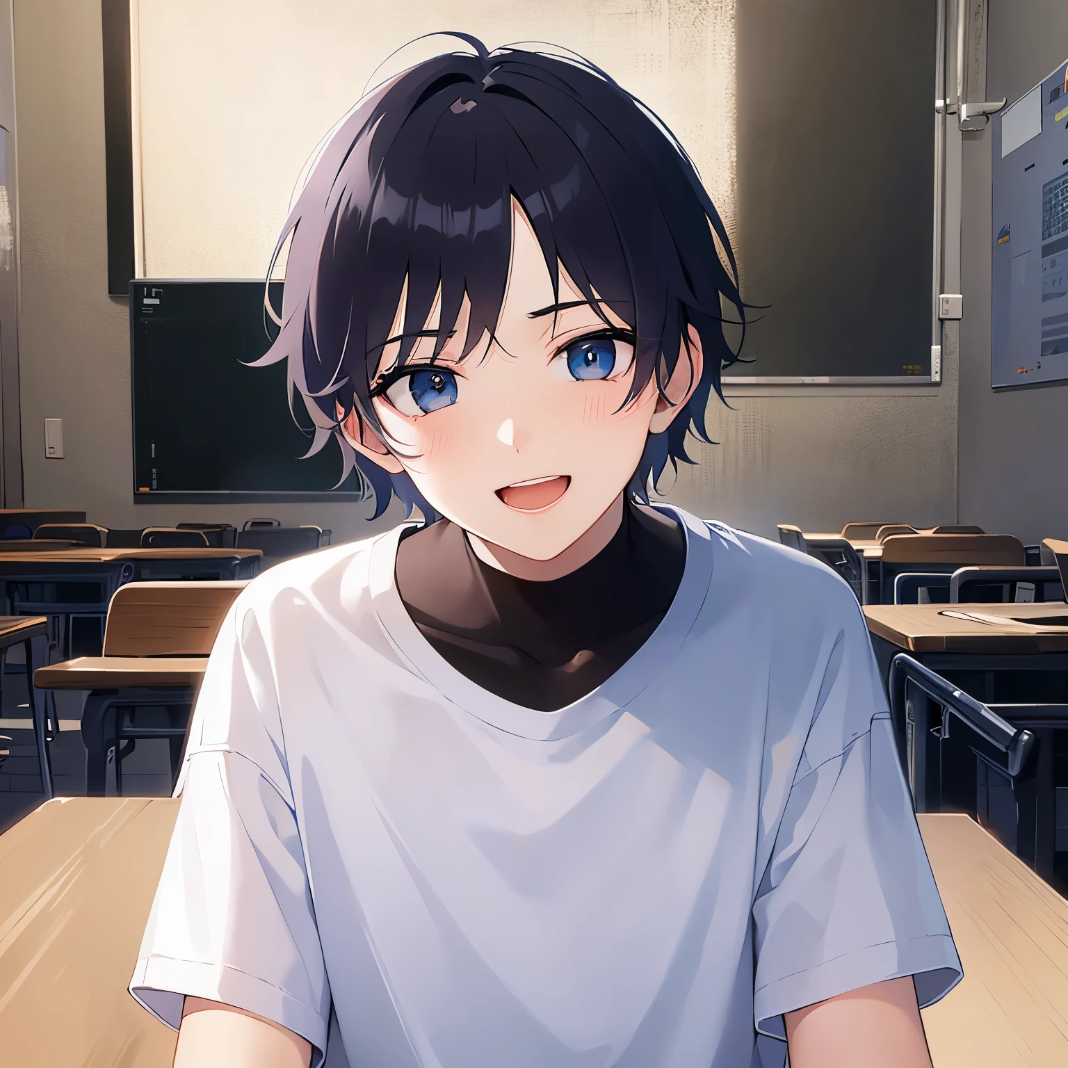 masterpiece,Highest quality,BREAK (a 19yo man:1.5) and (Black short hair) and (Blue eyes)BREAK,Blue T-shirt,The background is the classroom,(smile),(open mouth),Alone