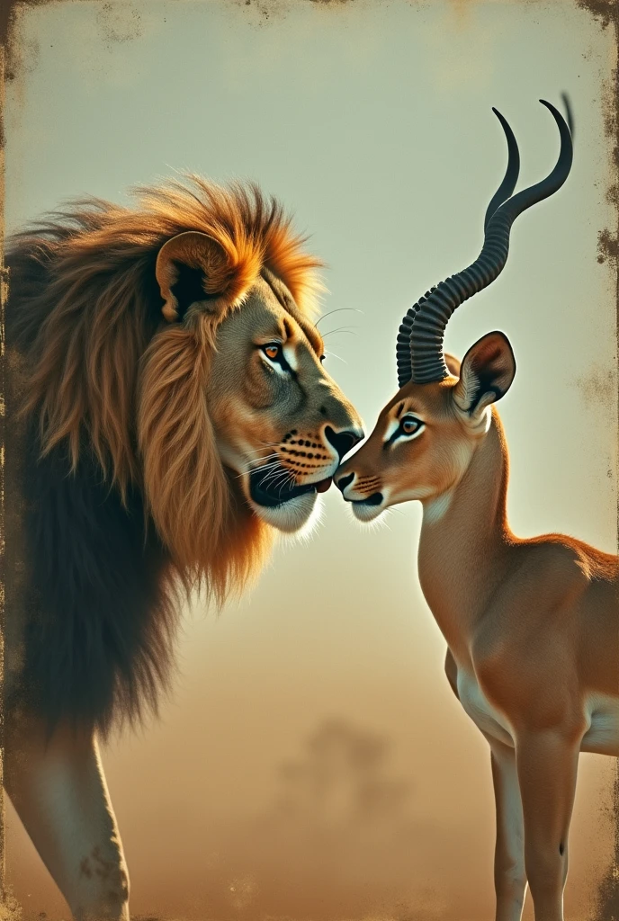 A painting in Midjourney style, undefined contours and edges, erratic particles, faded colors, hatching, scratches:: lomography photo a lion and a gazelle facing each other. wallart poster , Atmospheric, capturing a moment in an African wildlife, perfect composition and perspective, NG award winning
