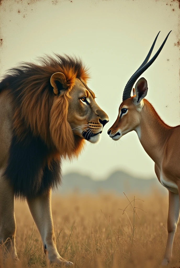 A painting in Midjourney style, undefined contours and edges, erratic particles, faded colors, hatching, scratches:: lomography photo a lion and a gazelle facing each other. wallart poster , Atmospheric, capturing a moment in an African wildlife, perfect composition and perspective, NG award winning
