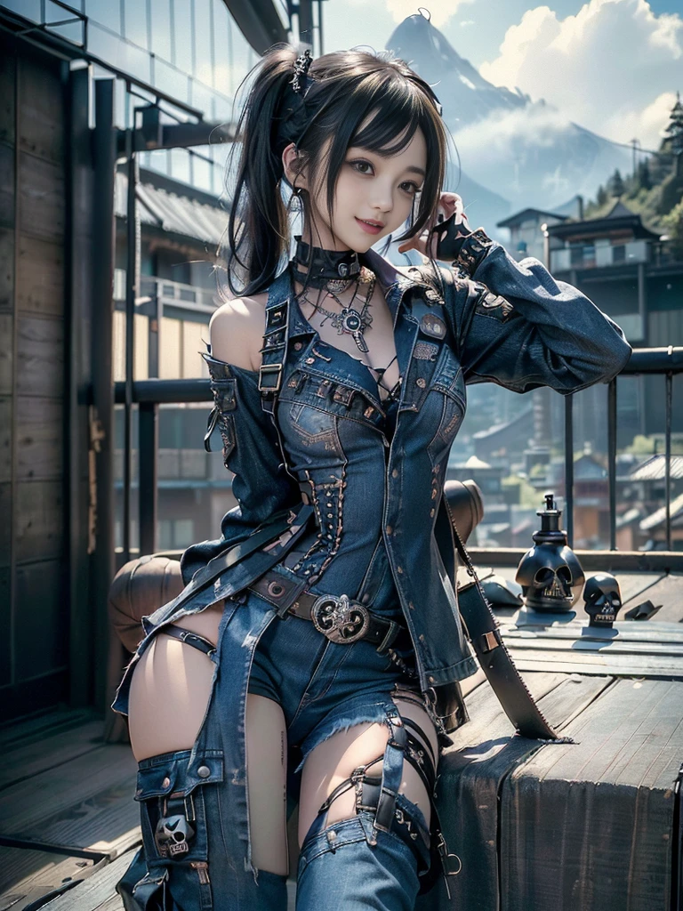 (Beautiful lips and nose:1.4)、(Long eyelashes:1.4)、(Smiling with teeth showing:1.3),(Shibuya Gal:1.5)、(A delicate neo-gothic embellished dress:1.5)、(Tattered denim and black punk rock cargo pants:1.5)、(Denim and black navy skull mark small jacket:1.4)、(denim garter belt:1.5)、(Black and denim knee socks:1.3)、(Skull Silver Accessories:1.5)、(Denim collar:1.3)、(Brown Skin Belt:1.4)、(Brown boots:1.2)、(The underwear is striped:1.4)、3、((Highest quality、In 8K、masterpiece:1.3))、Sharp focus:1.2、(Layered Cut、Huge boobs:1.1),Beautiful woman with perfect figure:1.4、(Dancing vigorously:1.3)、Slender Abs:1.2、Highly detailed face and skin texture、Detailed eyes、double eyelid,(Twin tails:1.3)、(Black brown hair:1.3)、Gravure idol、(The background is a vast mountain with a clear view々Beautiful luxury resort destination in Europe:1.3)、(Slim Body:1.2),(Make your legs thinner:1.4),(clavicle:1.1)