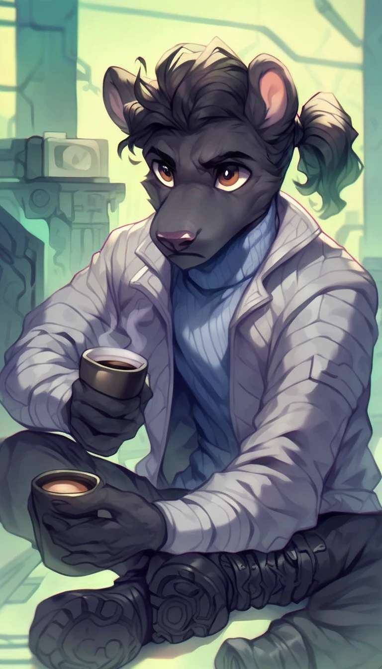 (detailed), (((normal guy))), (Arabic characteristics), ((gray wool jacket)), ((black fur rizado Ponytail hairstyle)), ((Ponytail hairstyle)), (calm face), ((by the width)), ((coffee boots)), (((whole body))), ((In a cyberpunk room)), ((male)), (gray turtleneck sweater), ((only one person)), (at night), atmosphere of terror, ((Brown eyes)), In the dark, ((black fur))