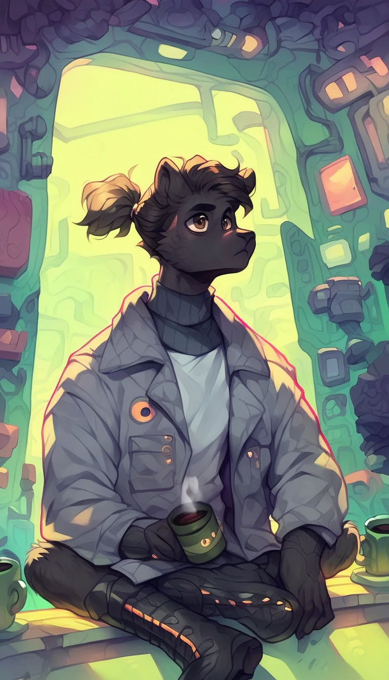 (detailed), (((normal guy))), (Arabic characteristics), ((gray wool jacket)), ((black fur rizado Ponytail hairstyle)), ((Ponytail hairstyle)), (calm face), ((by the width)), ((coffee boots)), (((whole body))), ((In a cyberpunk room)), ((male)), (gray turtleneck sweater), ((only one person)), (at night), atmosphere of terror, ((Brown eyes)), In the dark, ((black fur))