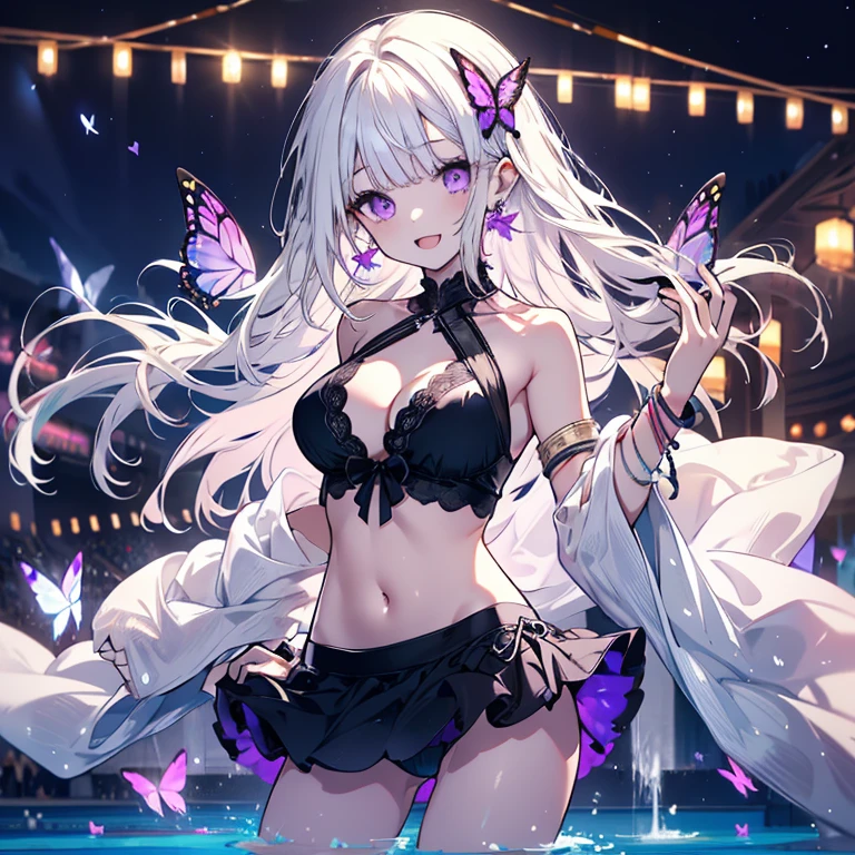 1 person、Mature、Ample breasts、Long Hair、White Hair、White skin、Straight hair、Trimmed bangs、Purple Eyes、Diva、Open Mouth、smile、sing、Swimwear、Belly button、bikini、Miniskirt、Lace fabric、bracelet、Earrings、gem、stage、Spotlight、Butterflies fluttering、Night Pool、High resolution、Highest quality