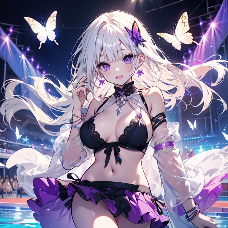 1 person、Mature、Ample breasts、Long Hair、White Hair、White skin、Straight hair、Trimmed bangs、Purple Eyes、Diva、Open Mouth、smile、sing、Swimwear、Belly button、bikini、Miniskirt、Lace fabric、bracelet、Earrings、gem、stage、Spotlight、Butterflies fluttering、Night Pool、High resolution、Highest quality