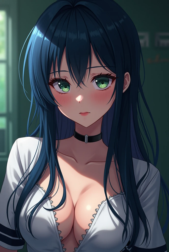 a busty girl with long dark blue hair in a hime cut, beautiful detailed eyes, beautiful detailed lips, extremely detailed face, longeyelashes, dark green eyes, wearing a ripped anime-style school girl uniform, almost showing her nipple through her ripped bra, (best quality,4k,8k,highres,masterpiece:1.2),ultra-detailed,(realistic,photorealistic,photo-realistic:1.37),vibrant colors,dramatic lighting,atmospheric,cinematic,detailed rendering