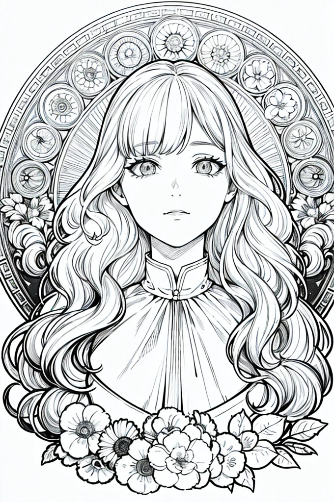 European women's face portrait, long curly hair, blonde, floral frame, decorative panel, abstract
Art by Alphonse Mucha, sketch, character lines and scenes without colors and shadows.
(Masterpiece, Best Quality, Highres:1.4), Detailed, Intricate Details, 4K, color splashes, line art, fibonacci,