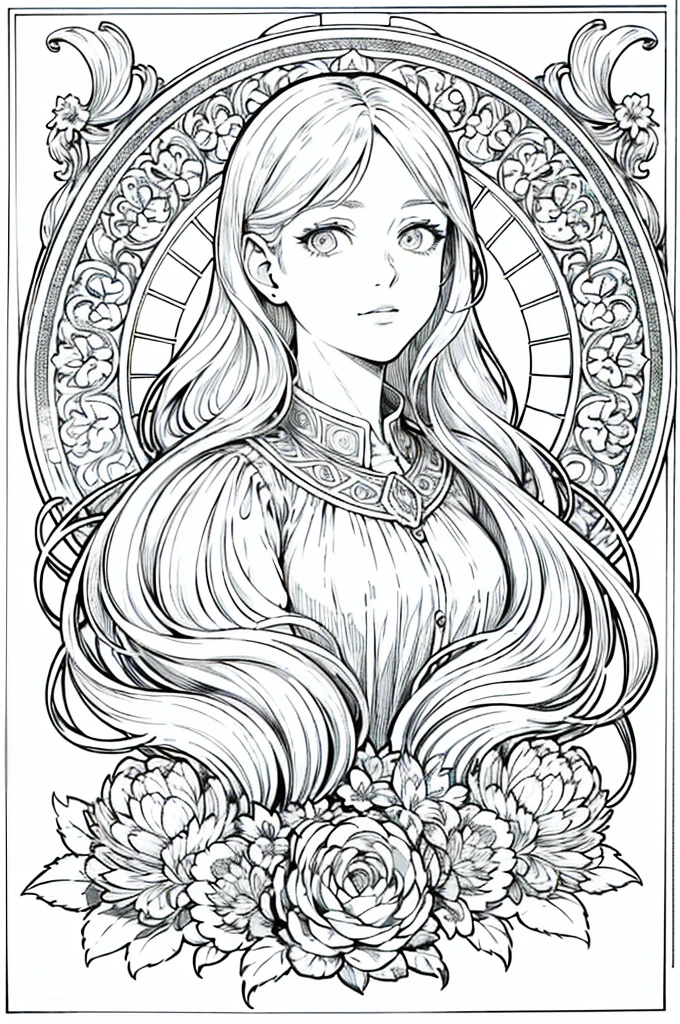 European women's face portrait, long curly hair, blonde, floral frame, decorative panel, abstract
Art by Alphonse Mucha, sketch, character lines and scenes without colors and shadows.
(Masterpiece, Best Quality, Highres:1.4), Detailed, Intricate Details, 4K, color splashes, line art, fibonacci,
