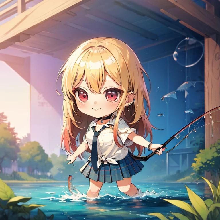 (Fishing:1.5), (chibi:1.5), full body, (masterpiece), highest quality, kitagawa marin, 1girl, blonde hair, long hair, multicolored hair, red eyes, jewelry, earrings, piercing, , white shirt, tied shirt, black choker, blue necktie, plaid skirt
