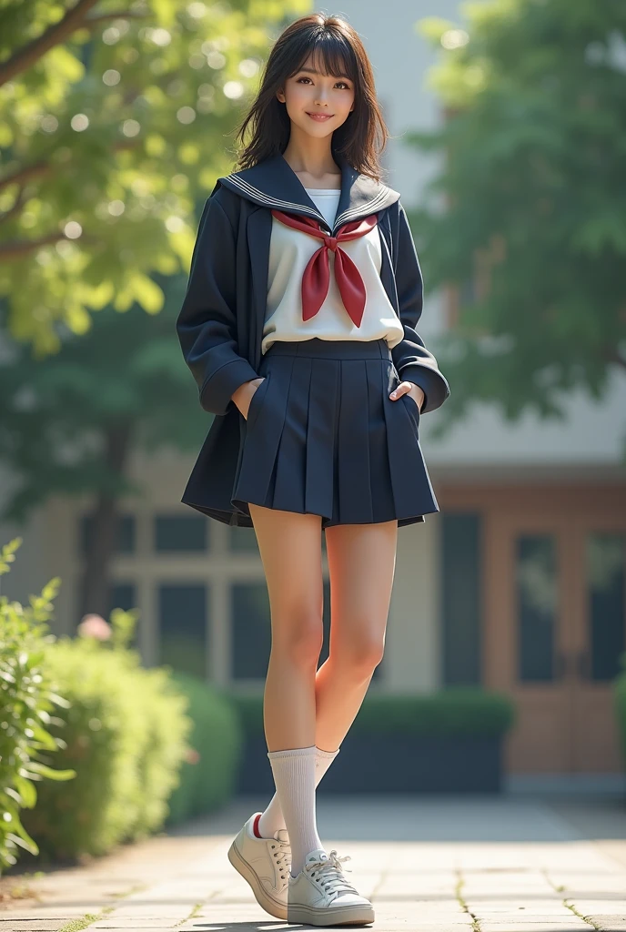 masterpiece,8k wallpaper, best quality, extremely detailed photo,extremely detailed skin, extremely detailed face, extremely detailed socks,1girl,solo,mature woman,school uniform,outside,fullbody, sneakers,from side,hand in pocket,big smile