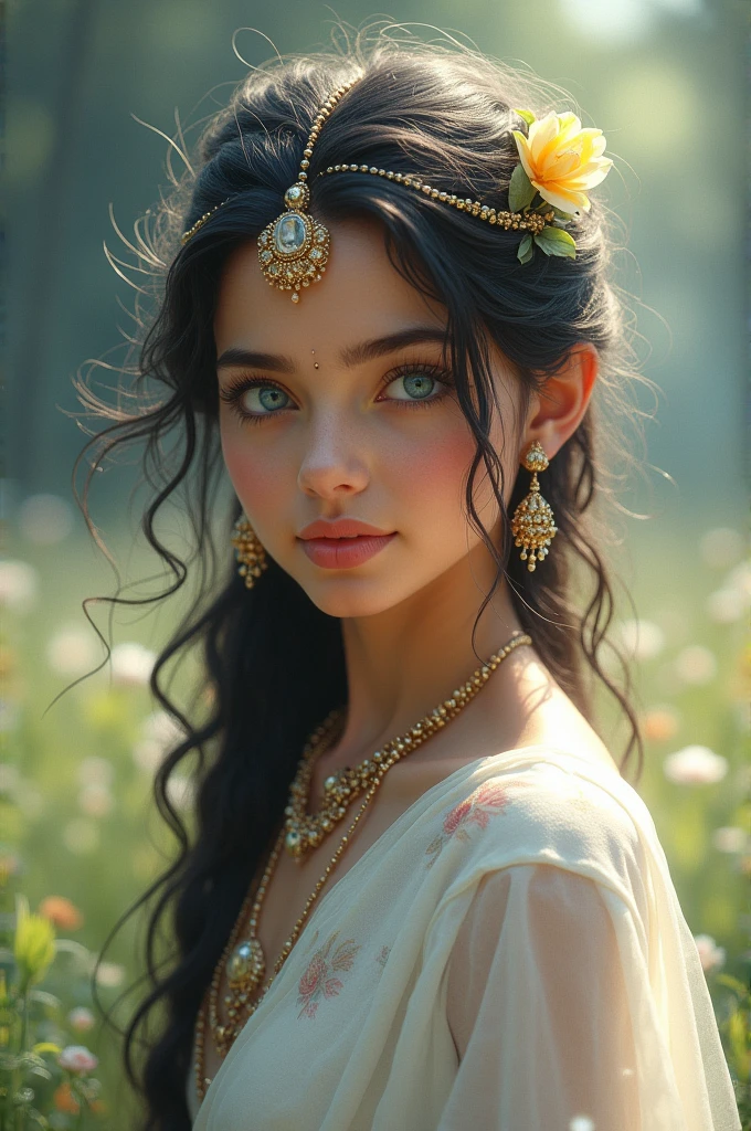 Radharani with white skin tone and shining blue eyes like sun, 