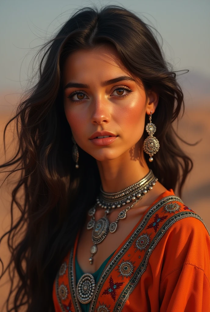 البنت الأمازيغية غالبًا عندها ملامح قوية وجميلة، بشرتها تكون فاتحة o حنطية، وشعرها طويل وغالبًا يكون متموج o مجعد، ولونه أسود o بني داكن. Her eyes are wide and bright, with colors ranging from honey to dark brown, and are beautifully accentuated by black kohl that highlights her natural beauty..Wearing the traditional Amazigh costume, which is "The Takshita" o "The Hayek" In bright colors, she has traditional silver jewelry, such as anklets, necklaces and earrings decorated with precious stones.. She has a warm smile, a cheerful personality, and a confident, graceful gait..