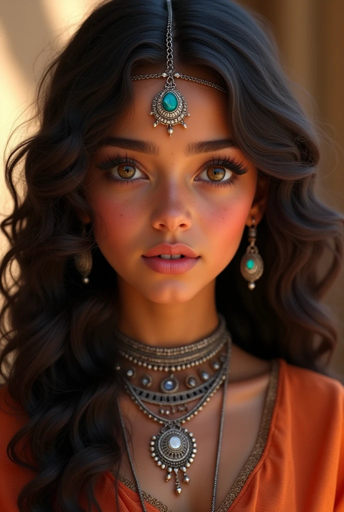 البنت الأمازيغية غالبًا عندها ملامح قوية وجميلة، بشرتها تكون فاتحة o حنطية، وشعرها طويل وغالبًا يكون متموج o مجعد، ولونه أسود o بني داكن. Her eyes are wide and bright, with colors ranging from honey to dark brown, and are beautifully accentuated by black kohl that highlights her natural beauty..Wearing the traditional Amazigh costume, which is "The Takshita" o "The Hayek" In bright colors, she has traditional silver jewelry, such as anklets, necklaces and earrings decorated with precious stones.. She has a warm smile, a cheerful personality, and a confident, graceful gait..