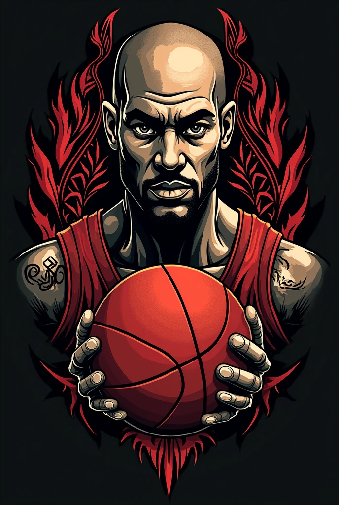 Image represented by the following words: baloncesto, sincerity, Frontality, black and red color and leadership. Use a style for tattoos