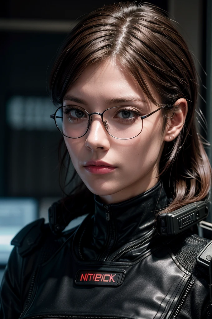 (cyberpunk military scientist:1) (1woman) dark theme :: focus on closeup face, curious face, Katee Sackhoff face, ultra realistic futuristic cyberpunk tall athletic woman, :: medium brown hair, futuristic glasses nerd :: inside cyberpunk office :: brown eyes :: natural lighting :: bokeh :: 8k :: best quality :: masterpiece :: insanely detailed:1.5