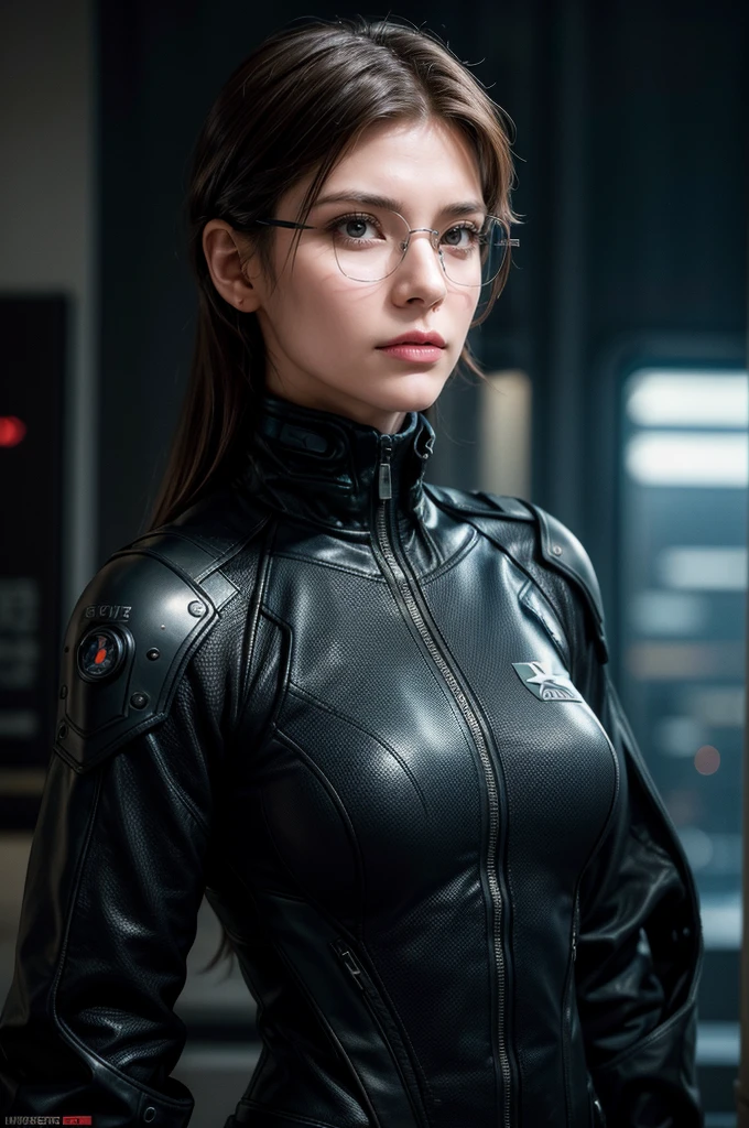 (cyberpunk military scientist:1) (1woman) dark theme :: focus on closeup face, curious face, Katee Sackhoff face, ultra realistic futuristic cyberpunk tall athletic woman, :: medium brown hair, futuristic glasses nerd :: inside cyberpunk office :: brown eyes :: natural lighting :: bokeh :: 8k :: best quality :: masterpiece :: insanely detailed:1.5