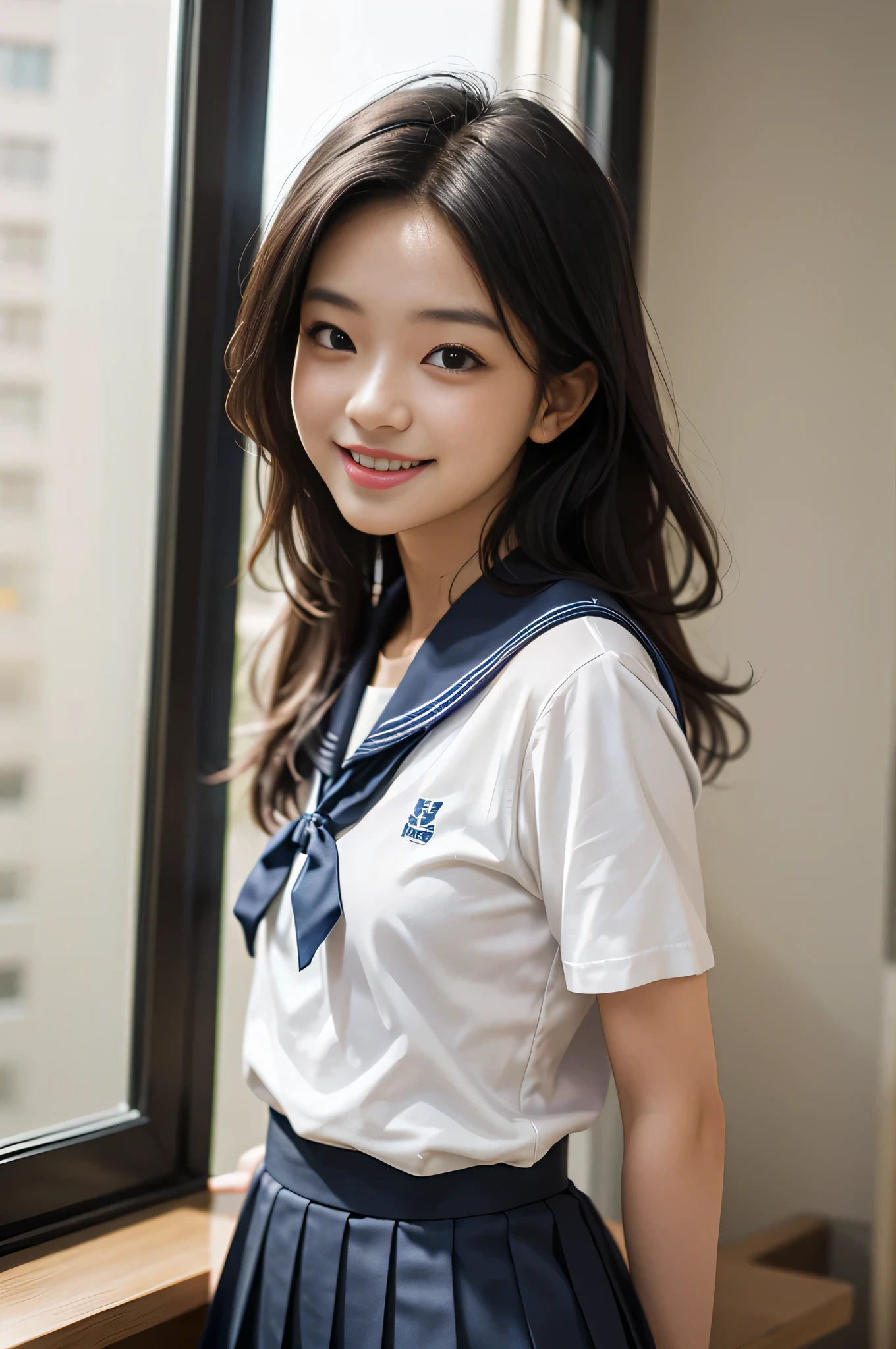 (masterpiece, best quality:1.2), 8k, official art, raw photo, incredibly absurdres, (sailor uniform, serafuku:1.0), 15 years old,highschool student,beautiful girl, pretty face, arch back, close up, , short sleeve, gardenia, violaceaess, (short ponytails:1.3),teen, classroom, looking at viewer, no makeup, film grain, chromatic aberration, sharp focus, facelight, dynamic lighting, cinematic lighting, detailed eyes and face, bokeh background,(cowboyshot:1.3),(small brests:1.2),(skinny:1.2),(smile:1.2),(school swimsuit:1.0),(fullnude:1.5),(show pussy:1.4),(bottomless:1.6),8from below:1.3),