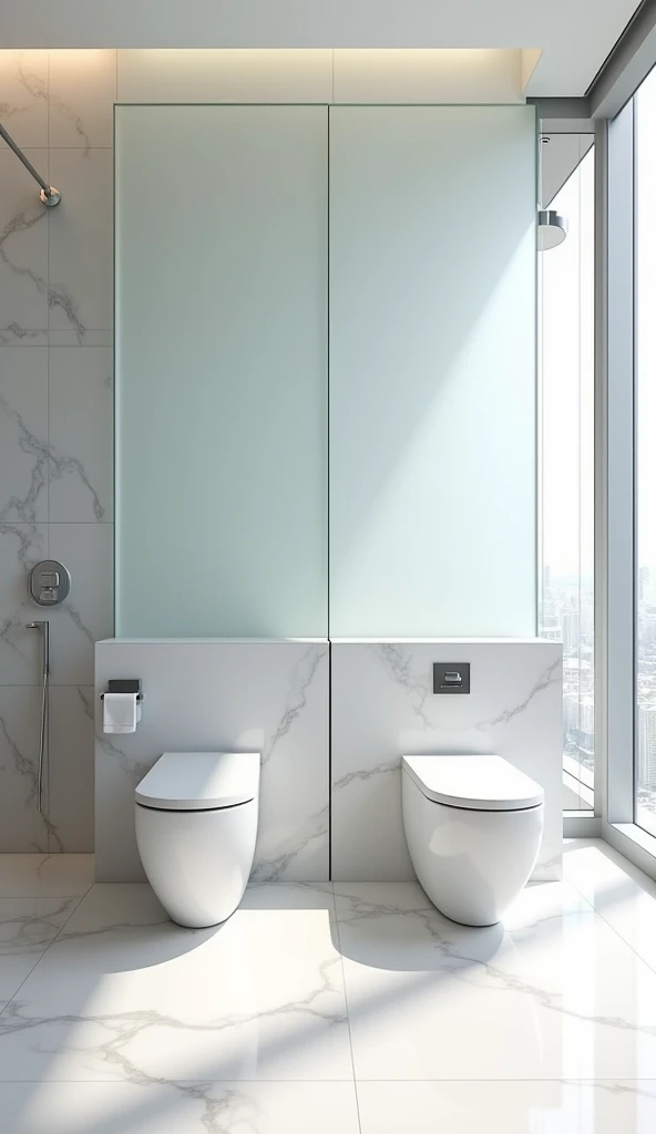 "A spacious, modern bathroom with sleek, minimalist design, featuring two side-by-side toilets separated by a frosted glass partition for privacy. The room is finished with white marble floors and walls, and large windows let in natural light, creating a clean and airy environment