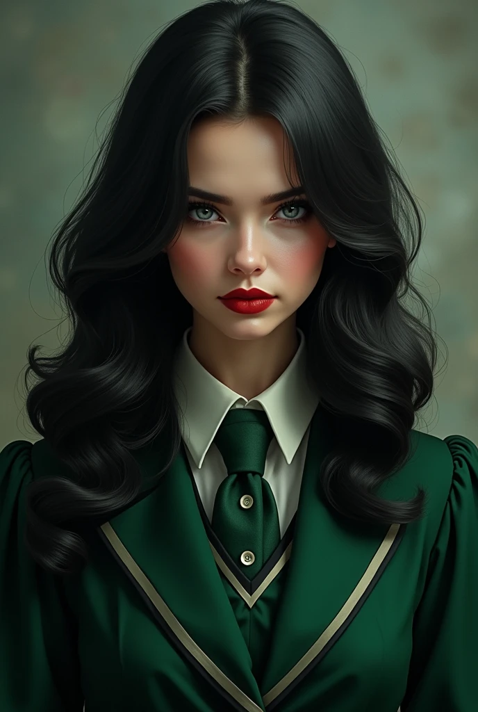 Beautiful young woman, porcelain skin, white skin, full red lips, (black, long, wavy hair) intimidating gray eyes, dressed in the Hogwarts Slytherin uniform *Drawing*