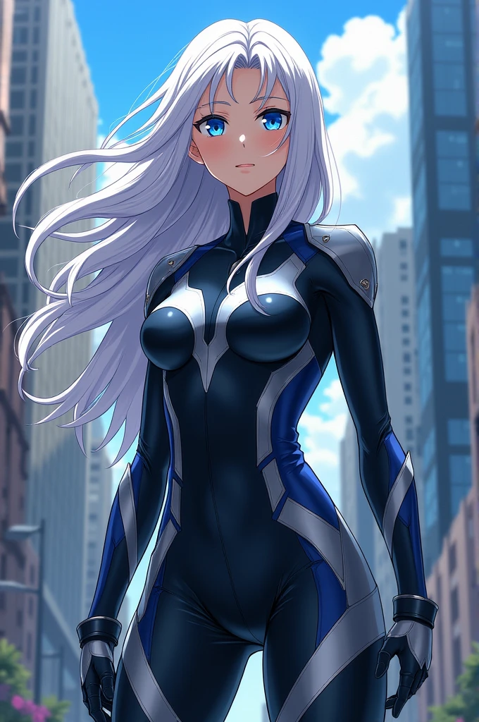 From My Hero Academia:a lady, long hair, white hair, wearing a hero suit, blue eyes and a hero