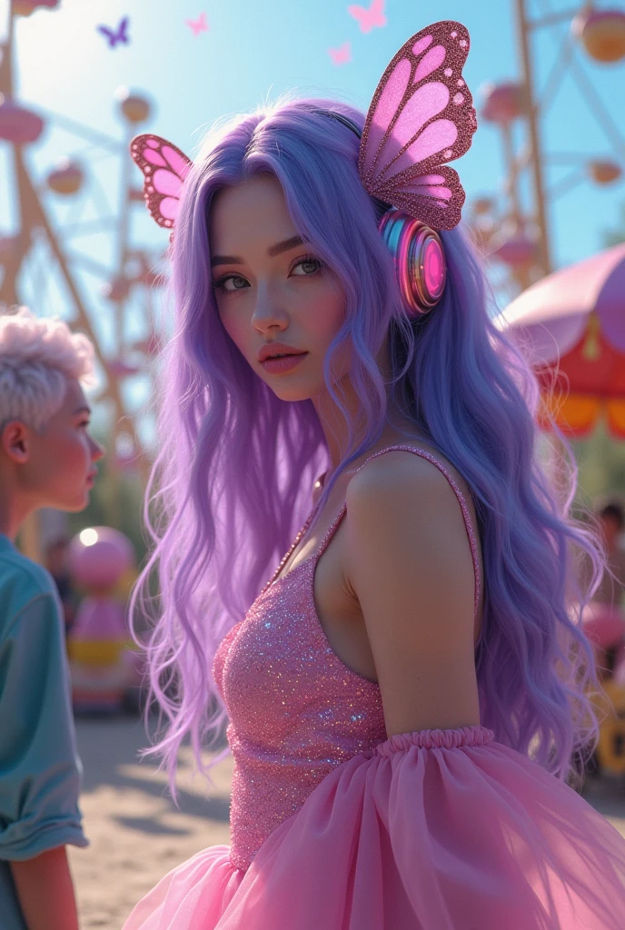 Korean purple hair butterfly woman with headphone and pink glitter dress and white pink hair man in amusement park 