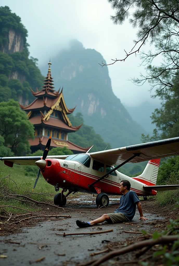 A broken small red-and-white plane crashed in the area of a Thai temple on a mountain. The pilot was injured. Little stood in front of the plane. in mobile radio The right shoe is torn. There were long plane skid marks on the ground. The sky was cloudy, the wind was blowing hard, and tree branches fell on the plane photo medium short