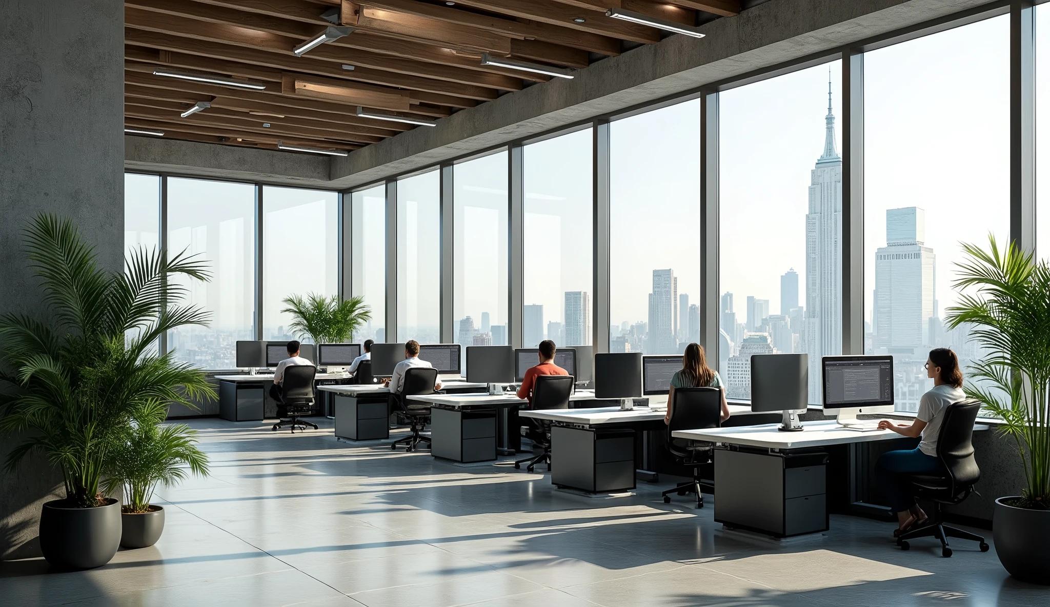 High-quality photograph of a web development studio with a modern minimalist design. The interior includes concrete, Wooden elements, plants and panoramic floor-to-ceiling windows. The office is located on the 81st floor in New York.. A couple of tables with monitors and chairs. Programmers and designers are at their workplaces.