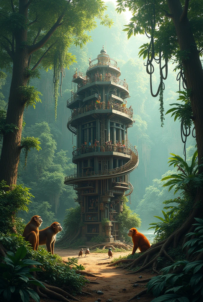 a printing machine in the jungle surrounded by animals