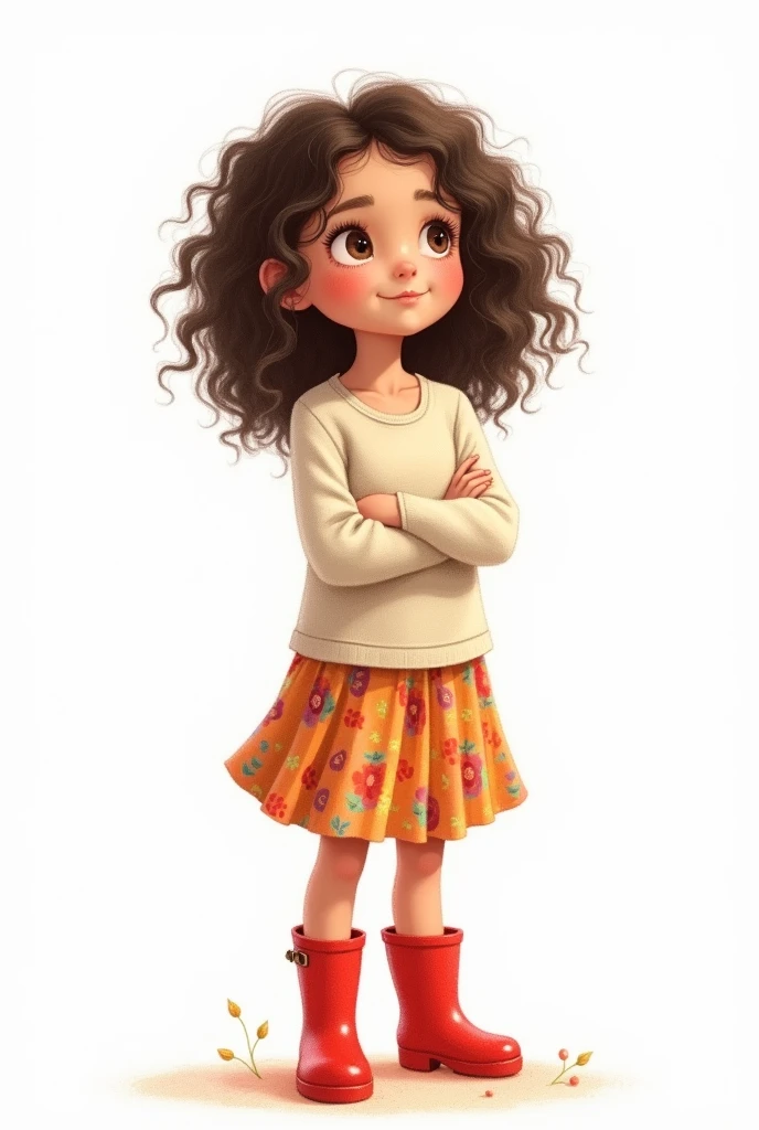 Generate an illustration of an 8-year-old girl with dark brown curly hair. The girl should be wearing a colorful skirt and red rain boots. The illustration should have a soft and detailed style, as if it were created with colored pencils. The background should be completely white, with no other objects or elements, to keep a minimalist focus. The girl's expression should be sweet and curious, reflecting an innocent curiosity.